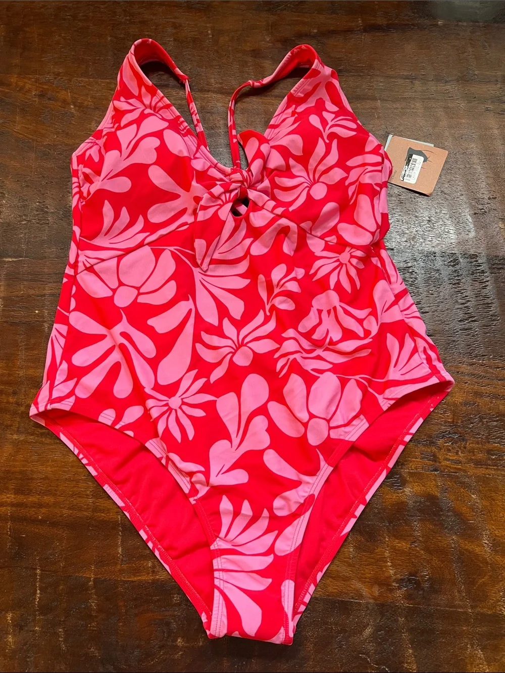 SHADE & SHORE One-Piece Tie-Front High-Leg Cheeky Swimsuit Red/Pink Floral L